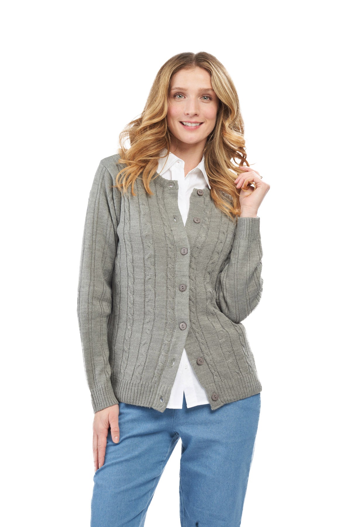 Women's Classic Button Front Cable Knit Cardigan in Soft Acryllic