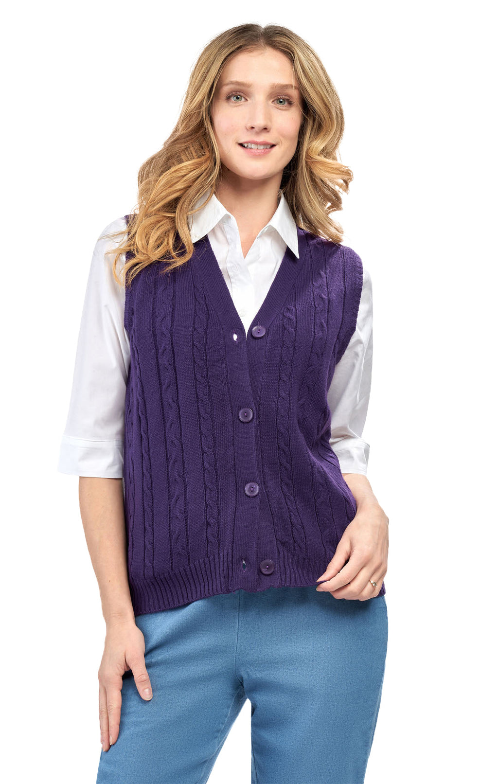 Womens Button Front Cable Knit Cardigan Sweater Vest