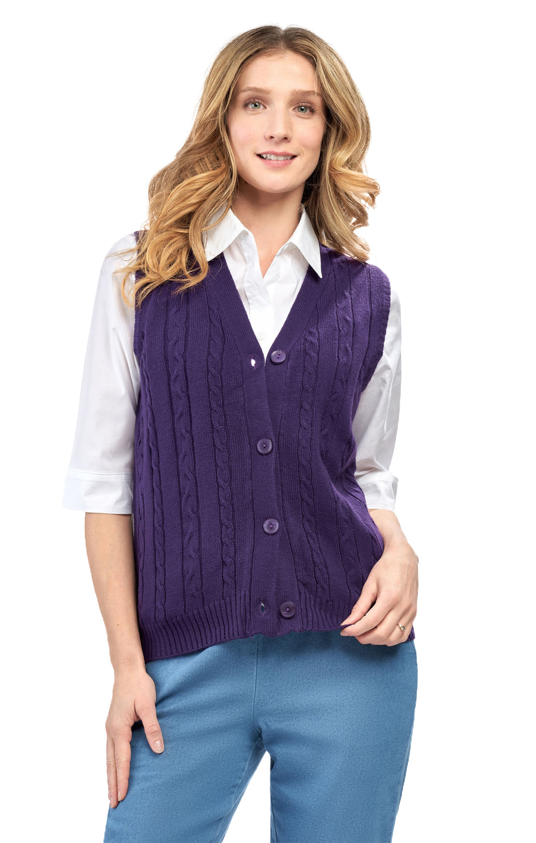 Womens Button Front Cable Knit Cardigan Sweater Vest