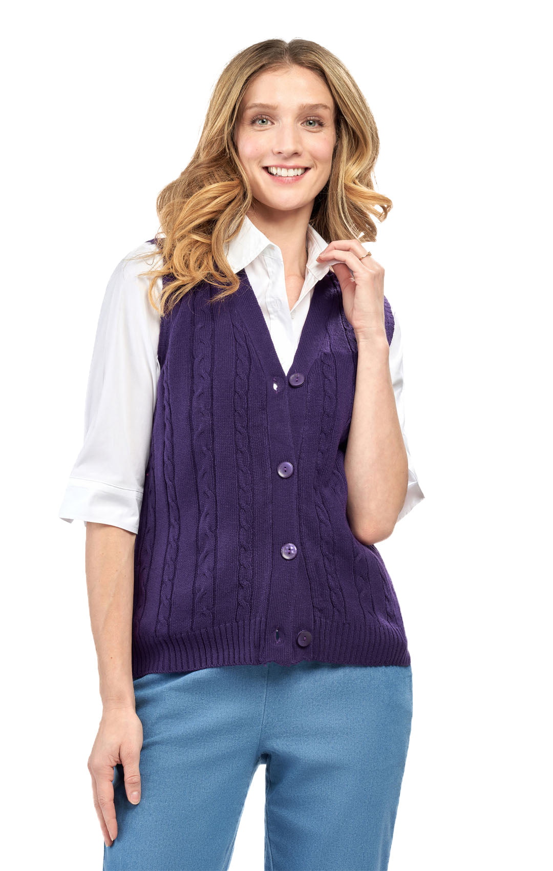 Womens Button Front Cable Knit Cardigan Sweater Vest