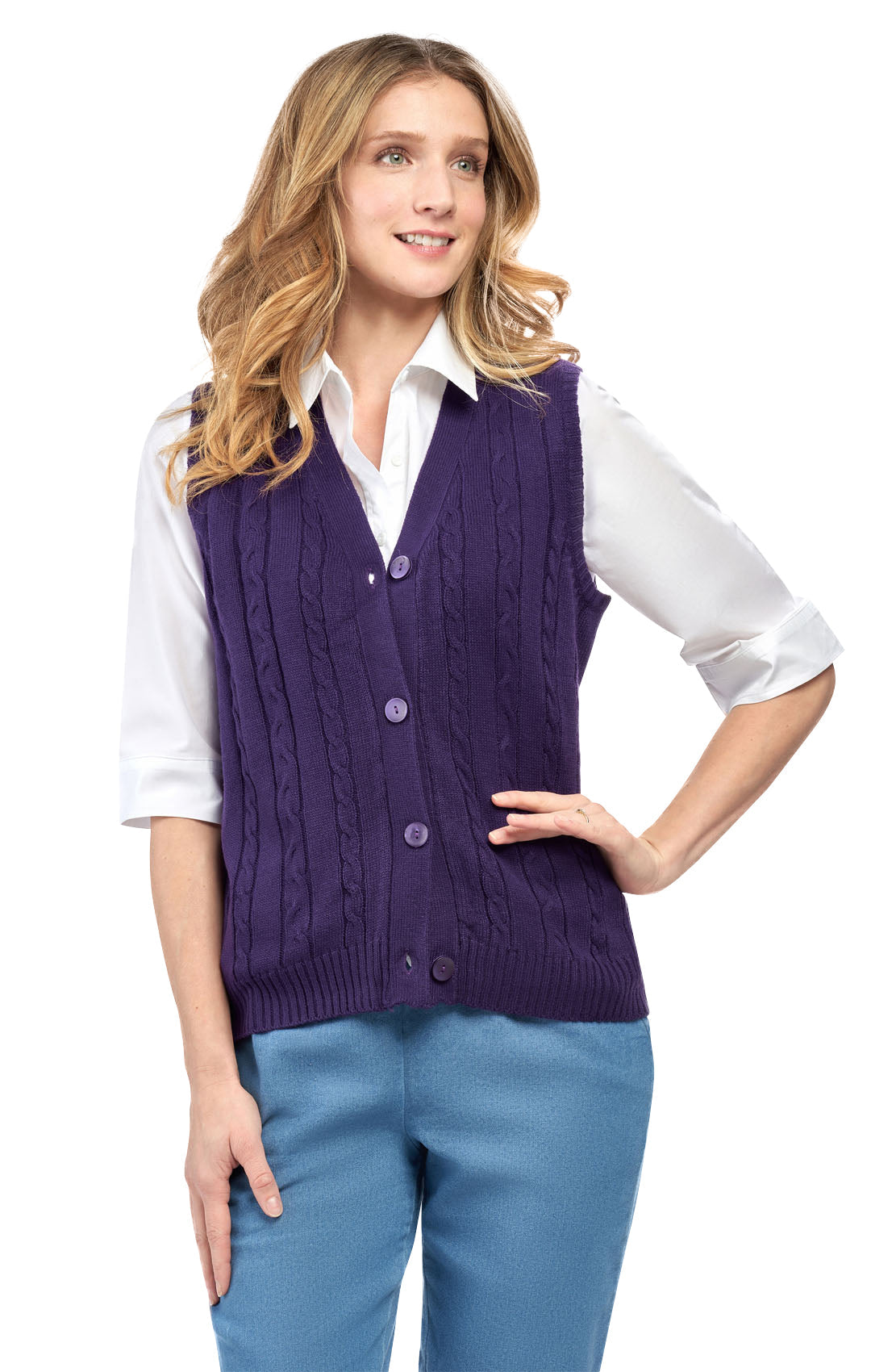 Womens Button Front Cable Knit Cardigan Sweater Vest