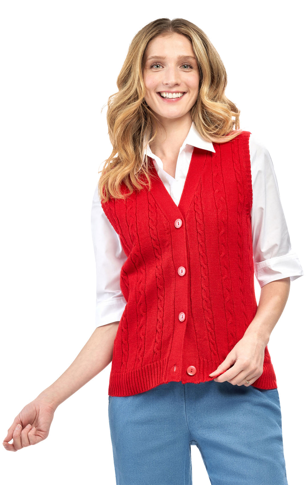 Womens Button Front Cable Knit Cardigan Sweater Vest