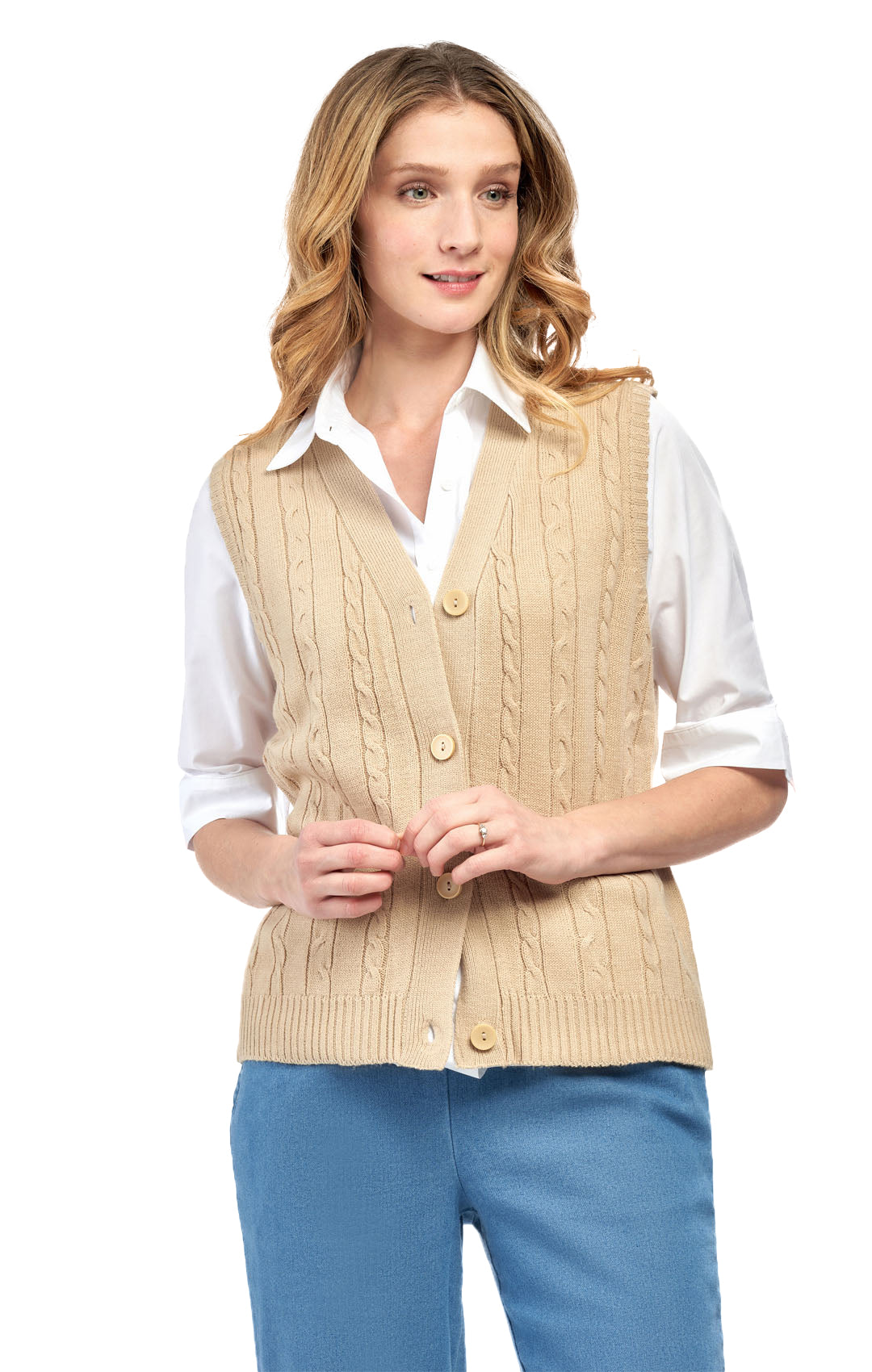 Womens Button Front Cable Knit Cardigan Sweater Vest