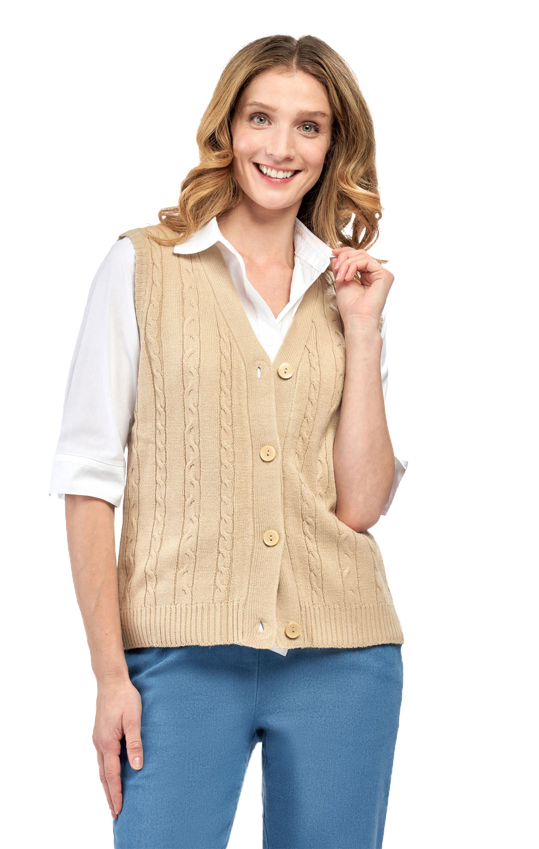 Womens Button Front Cable Knit Cardigan Sweater Vest