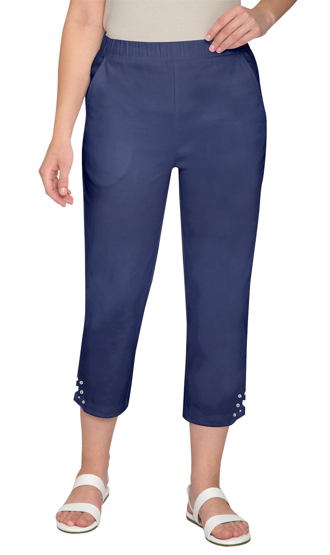 Women's Capris with Studded Hem Detail in Tri-Blend Denim and Twill with Angled side Pockets