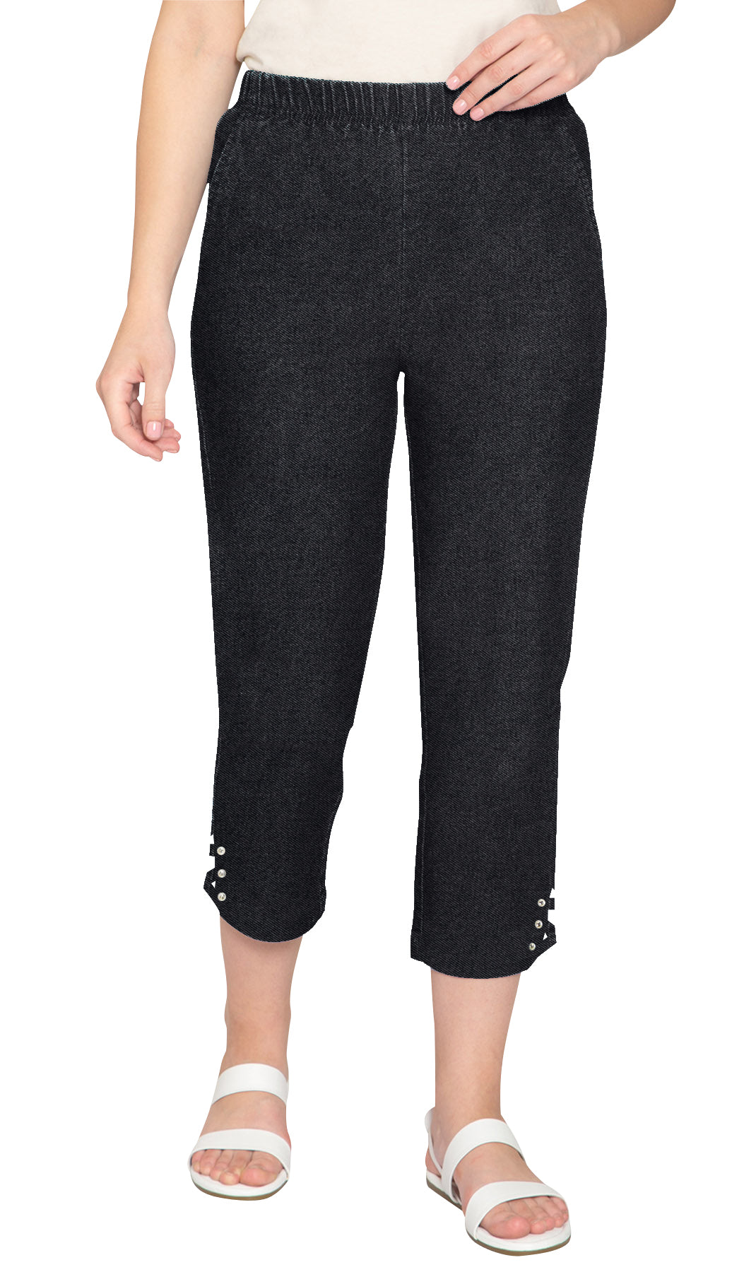Women's Capris with Studded Hem Detail in Tri-Blend Denim and Twill with Angled side Pockets