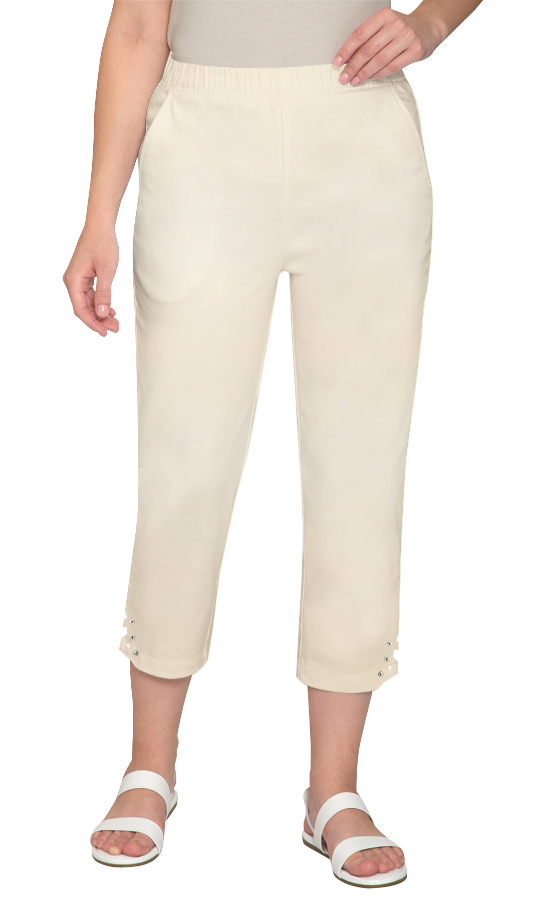 Women's Capris with Studded Hem Detail in Tri-Blend Denim and Twill with Angled side Pockets