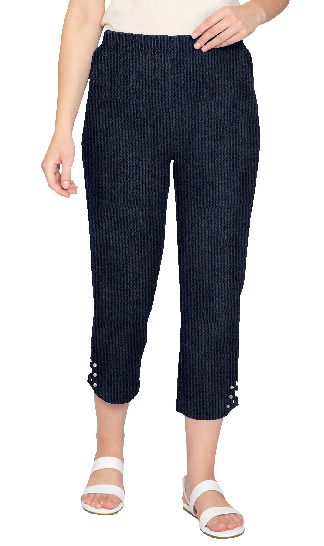 Women's Capris with Studded Hem Detail in Tri-Blend Denim and Twill with Angled side Pockets