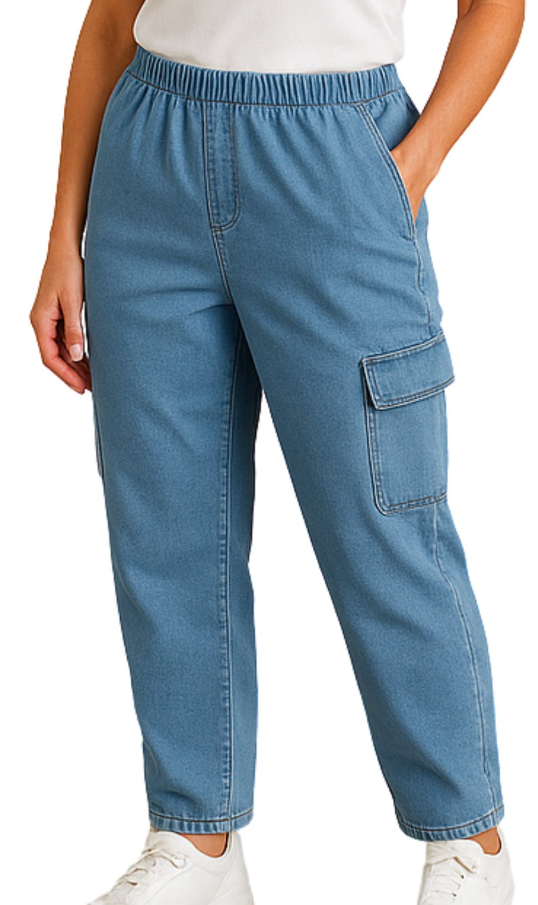 Women's Elastic Stretch Waist Casual Denim Pull-on Cargo Pants