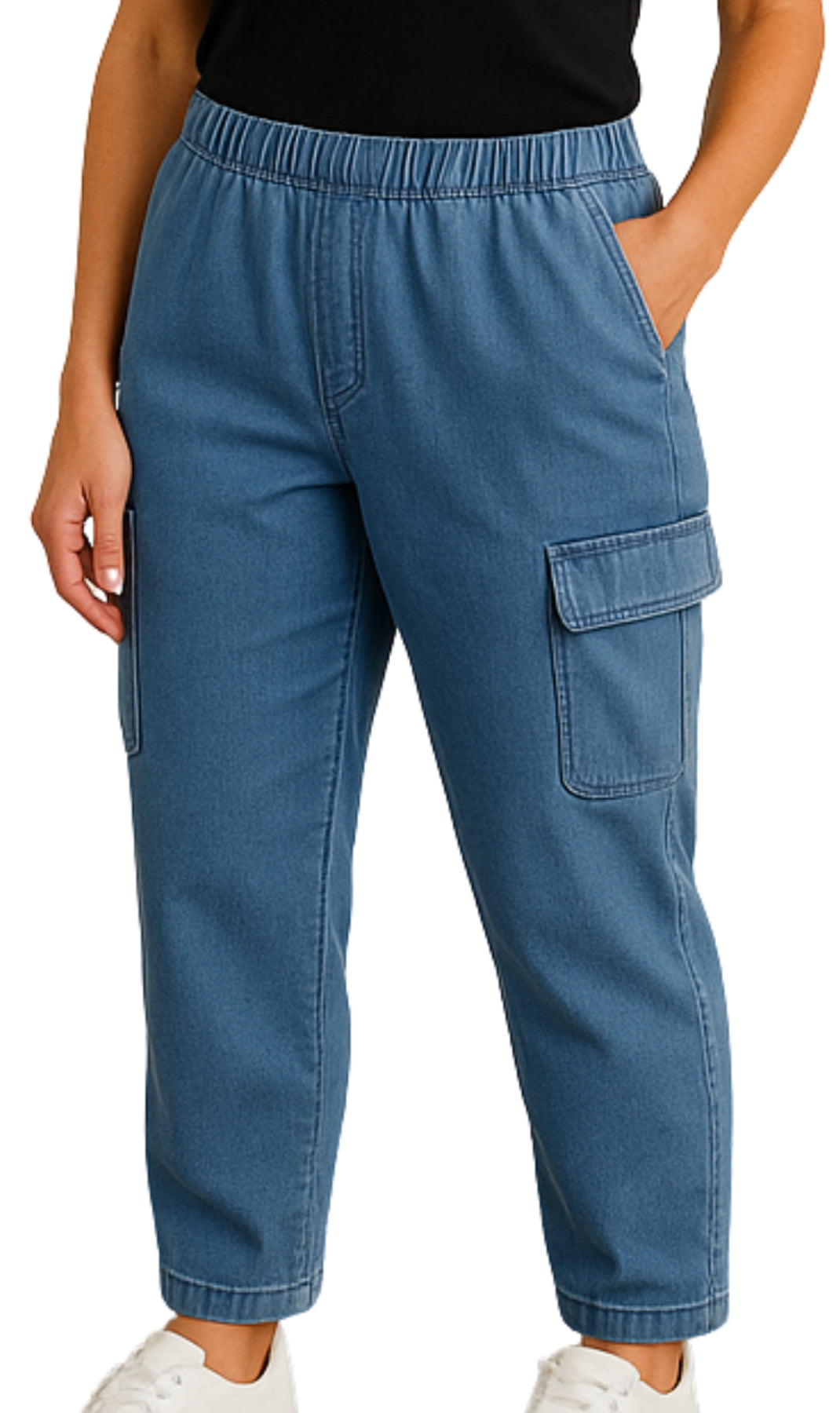 Women's Elastic Stretch Waist Casual Denim Pull-on Cargo Pants