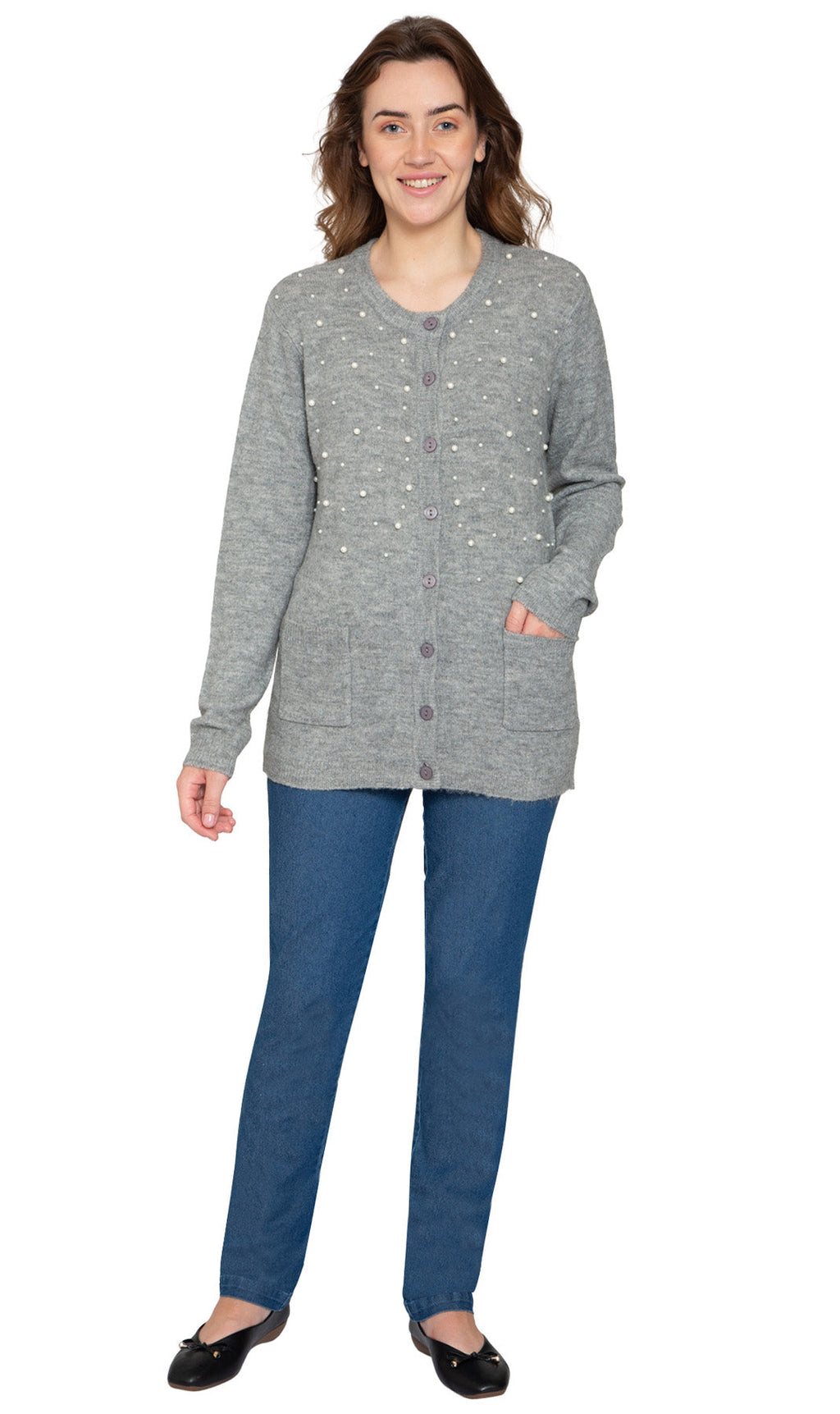 Women's Faux Pearl Cardigan in Cashmere-like Soft Knit