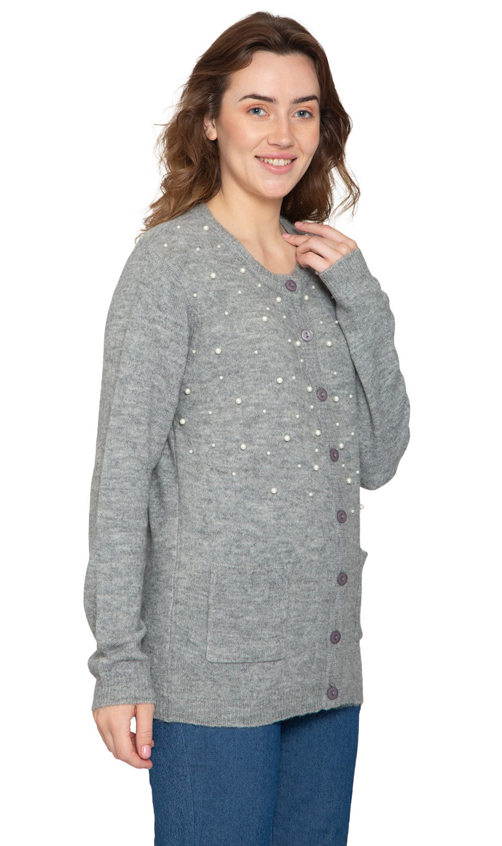 Women's Faux Pearl Cardigan in Cashmere-like Soft Knit