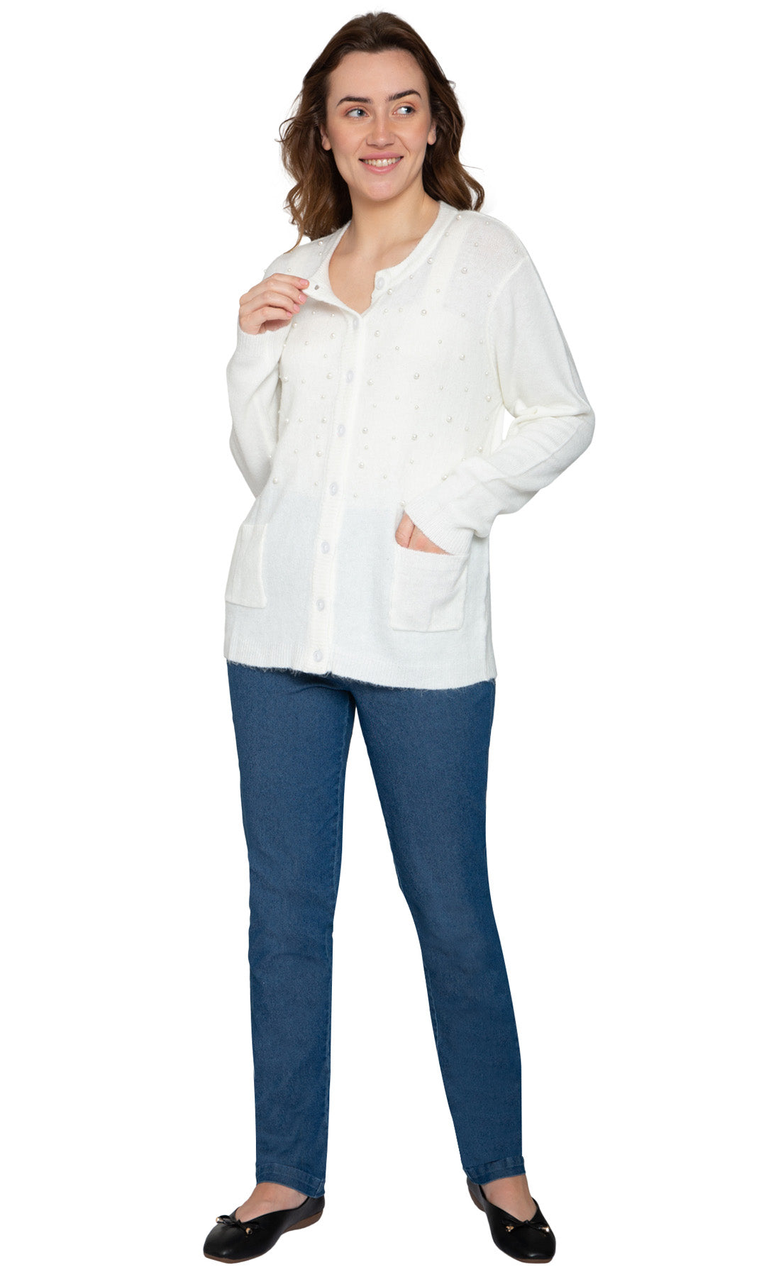 Women's Faux Pearl Cardigan in Cashmere-like Soft Knit