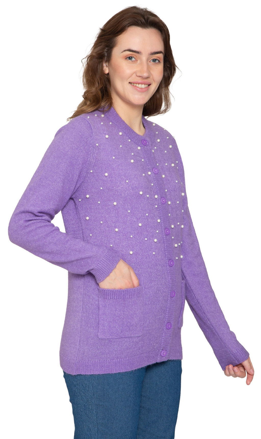 Women's Faux Pearl Cardigan in Cashmere-like Soft Knit