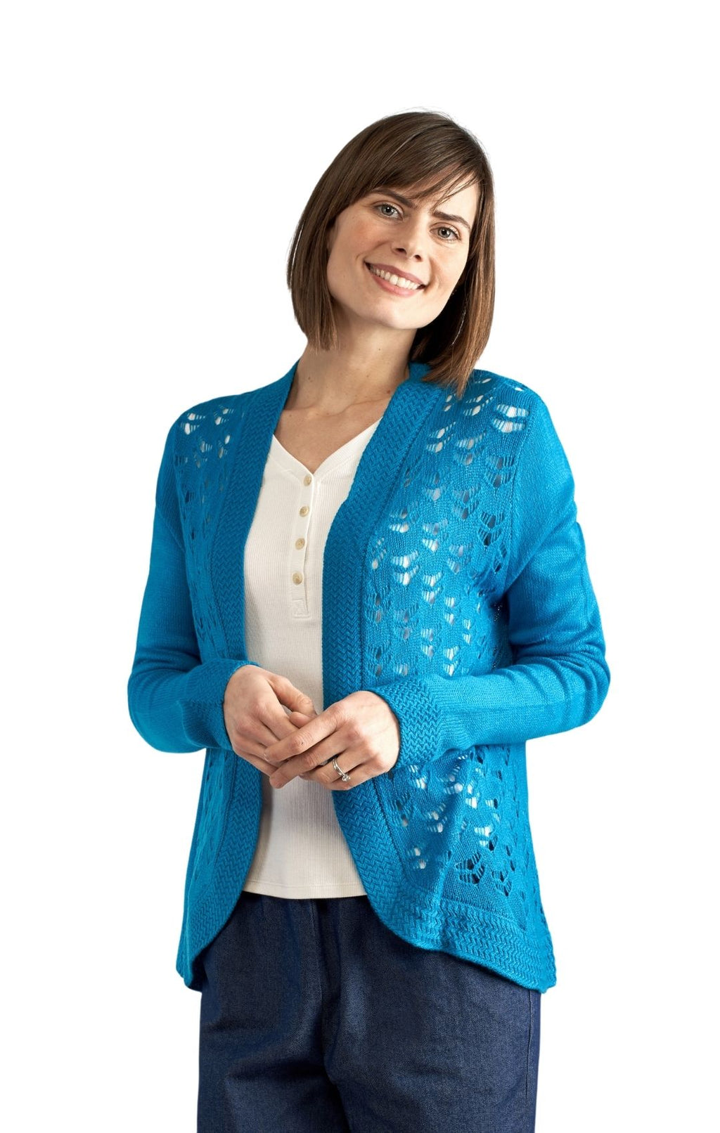 Women's Open Front Curved Hem Pointelle Shrug in Soft Acrylic