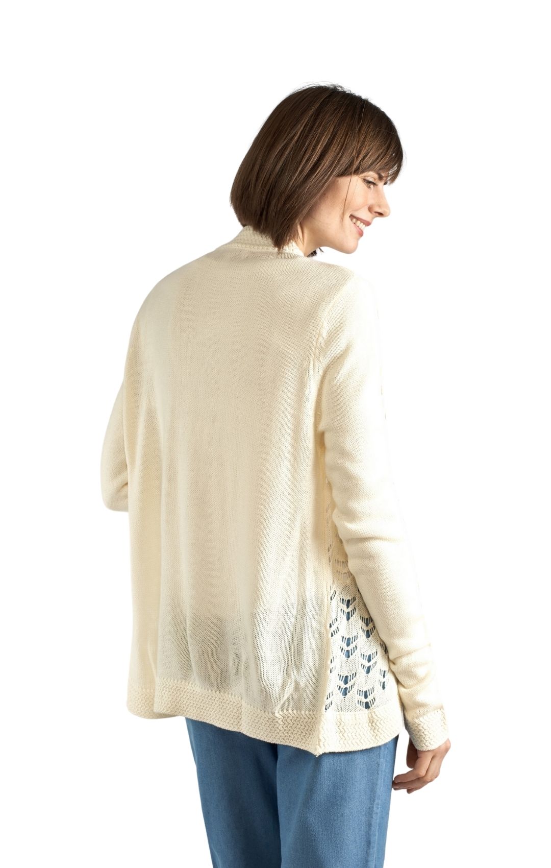 Women's Open Front Curved Hem Pointelle Shrug in Soft Acrylic