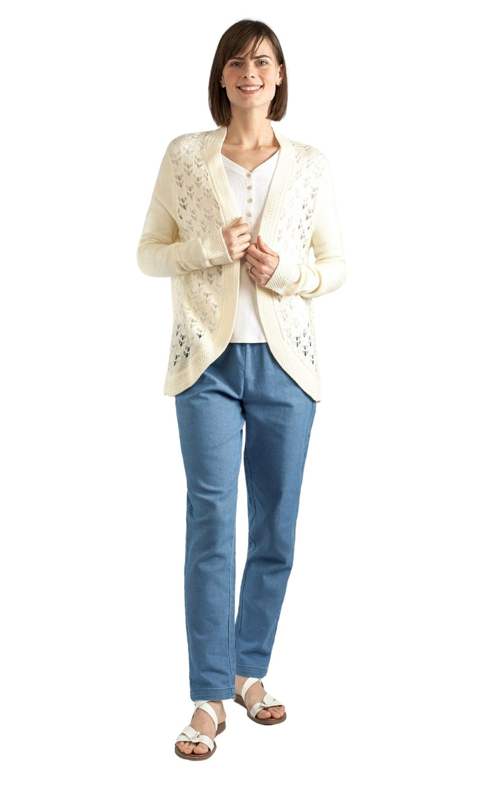 Women's Open Front Curved Hem Pointelle Shrug in Soft Acrylic