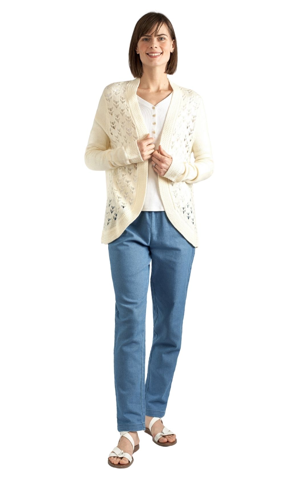 Women's Open Front Curved Hem Pointelle Shrug in Soft Acrylic