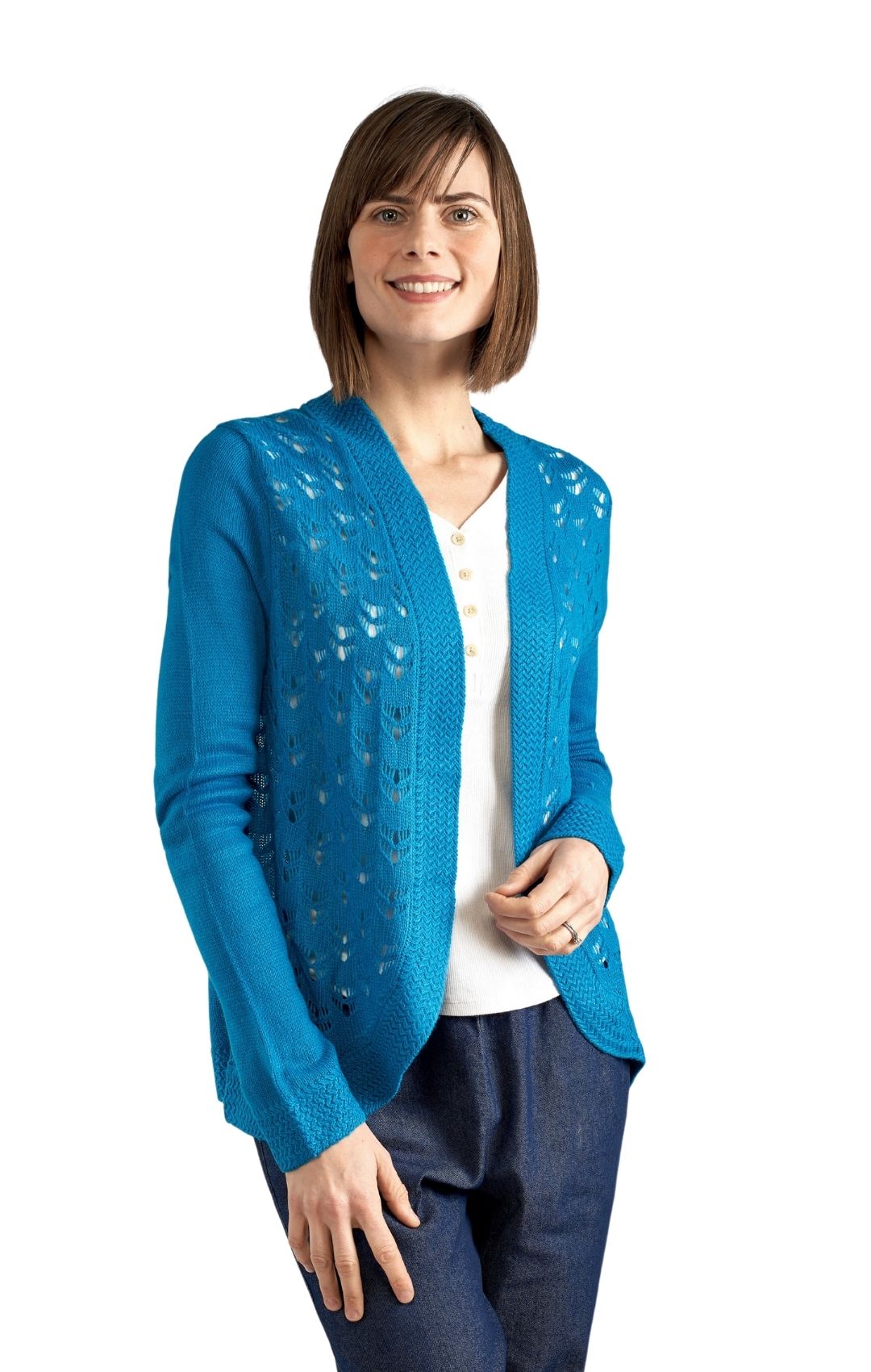 Women's Open Front Curved Hem Pointelle Shrug in Soft Acrylic