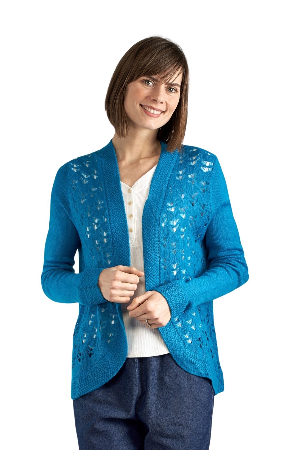 Women's Open Front Curved Hem Pointelle Shrug in Soft Acrylic