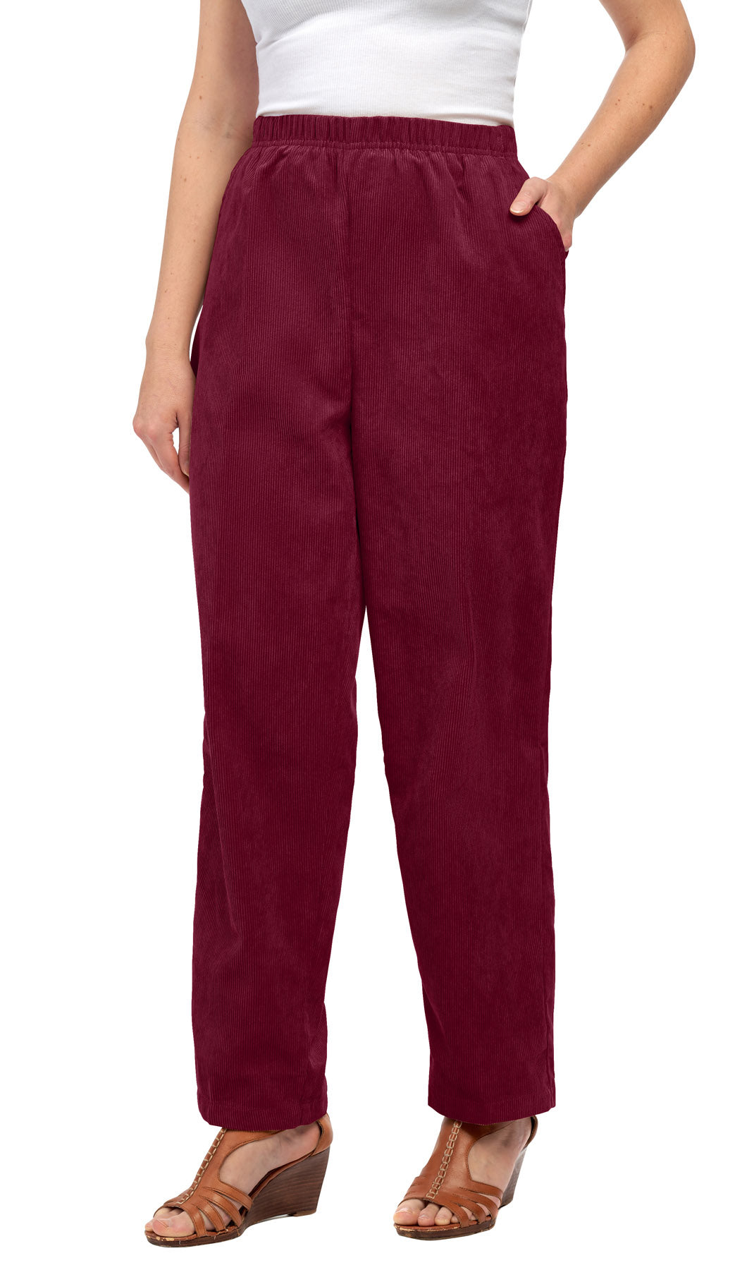 Womens Pull On Fine Wale Corduroy Pants with soft-covered elastic waist