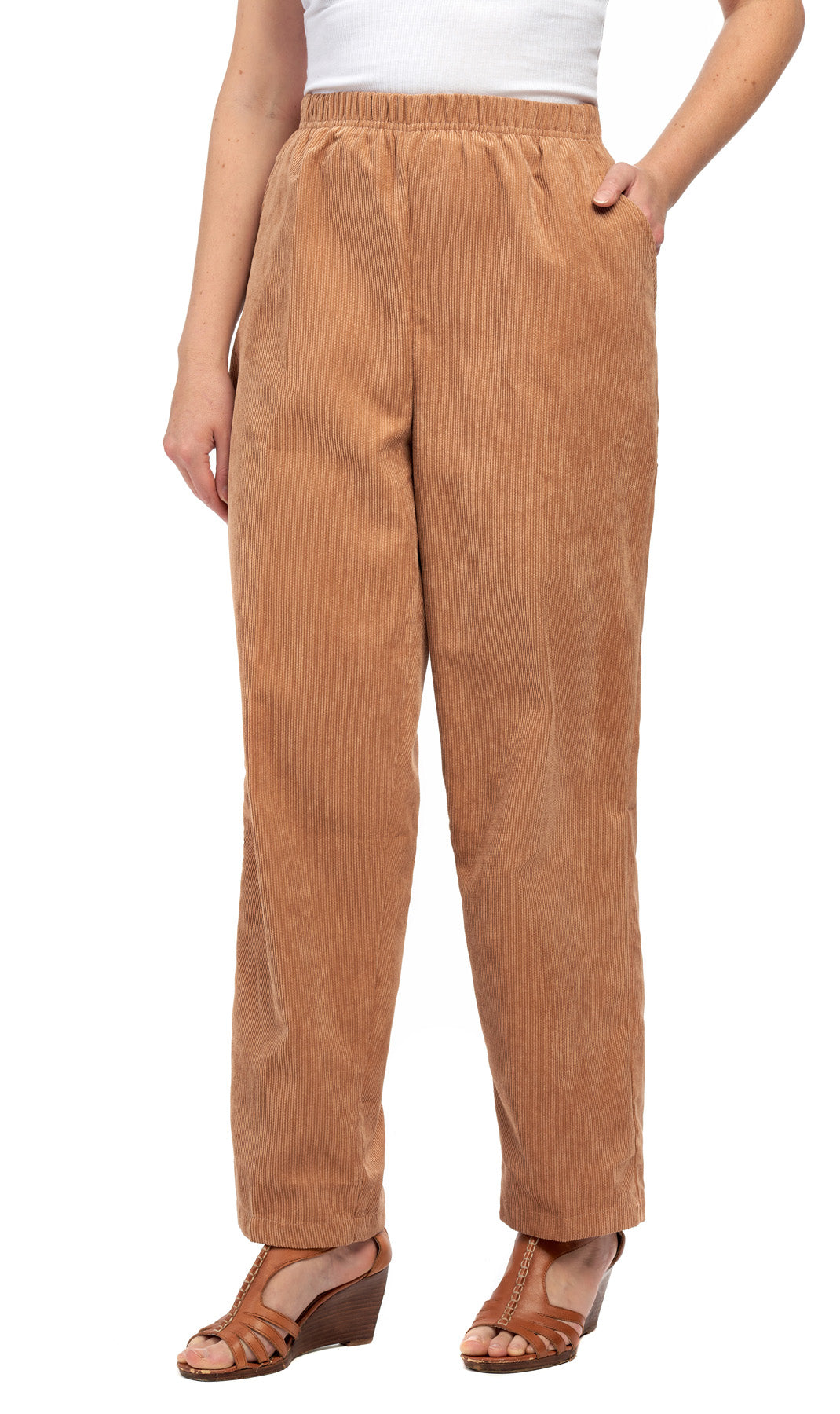 Womens Pull On Fine Wale Corduroy Pants with soft-covered elastic waist