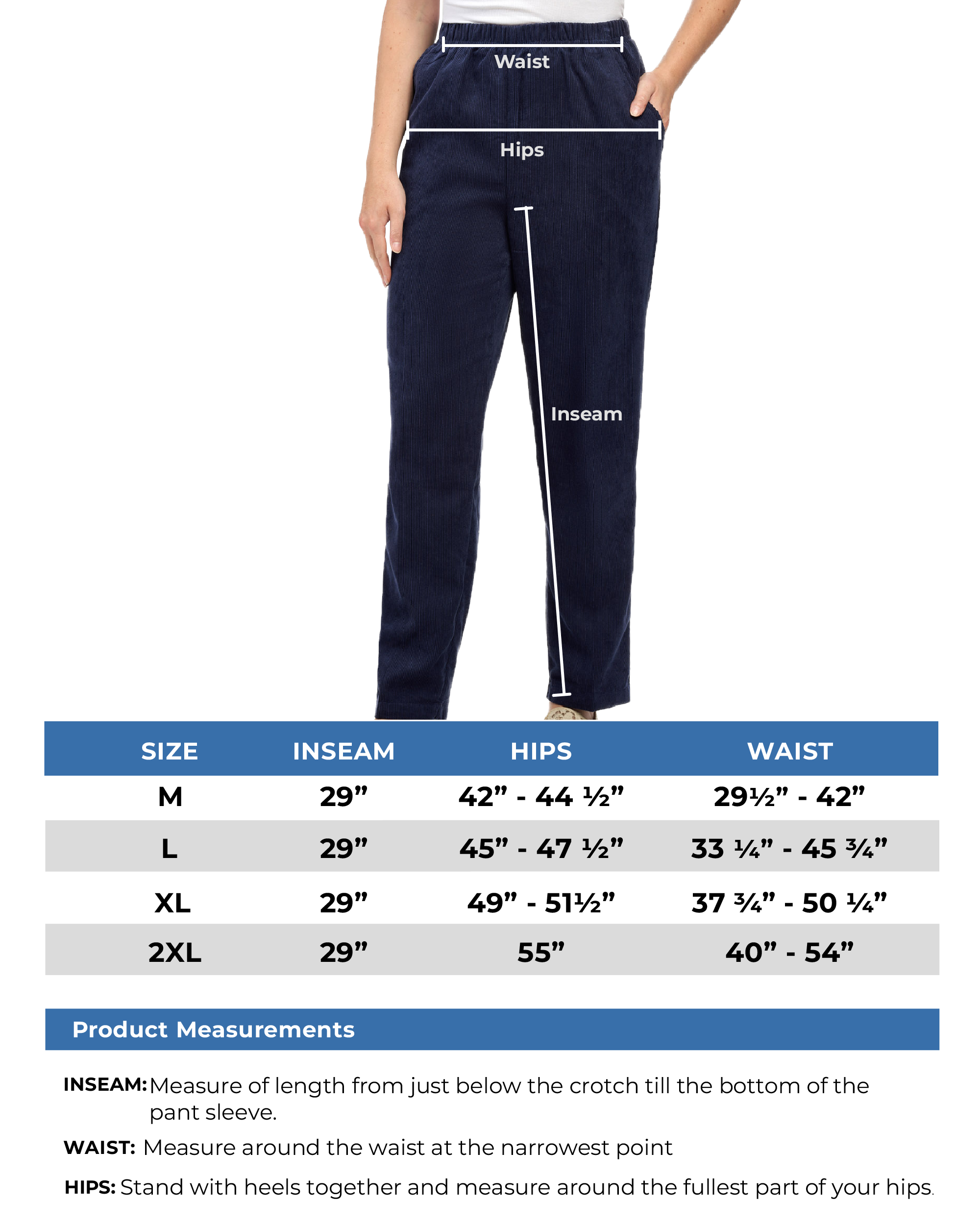 Womens Pull On Fine Wale Corduroy Pants with soft-covered elastic waist