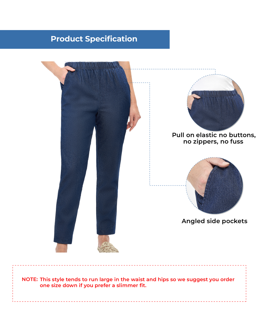 Women's Elastic Waist Pull On Denim Jeans - Soft & Lightweight with a bit Stretch