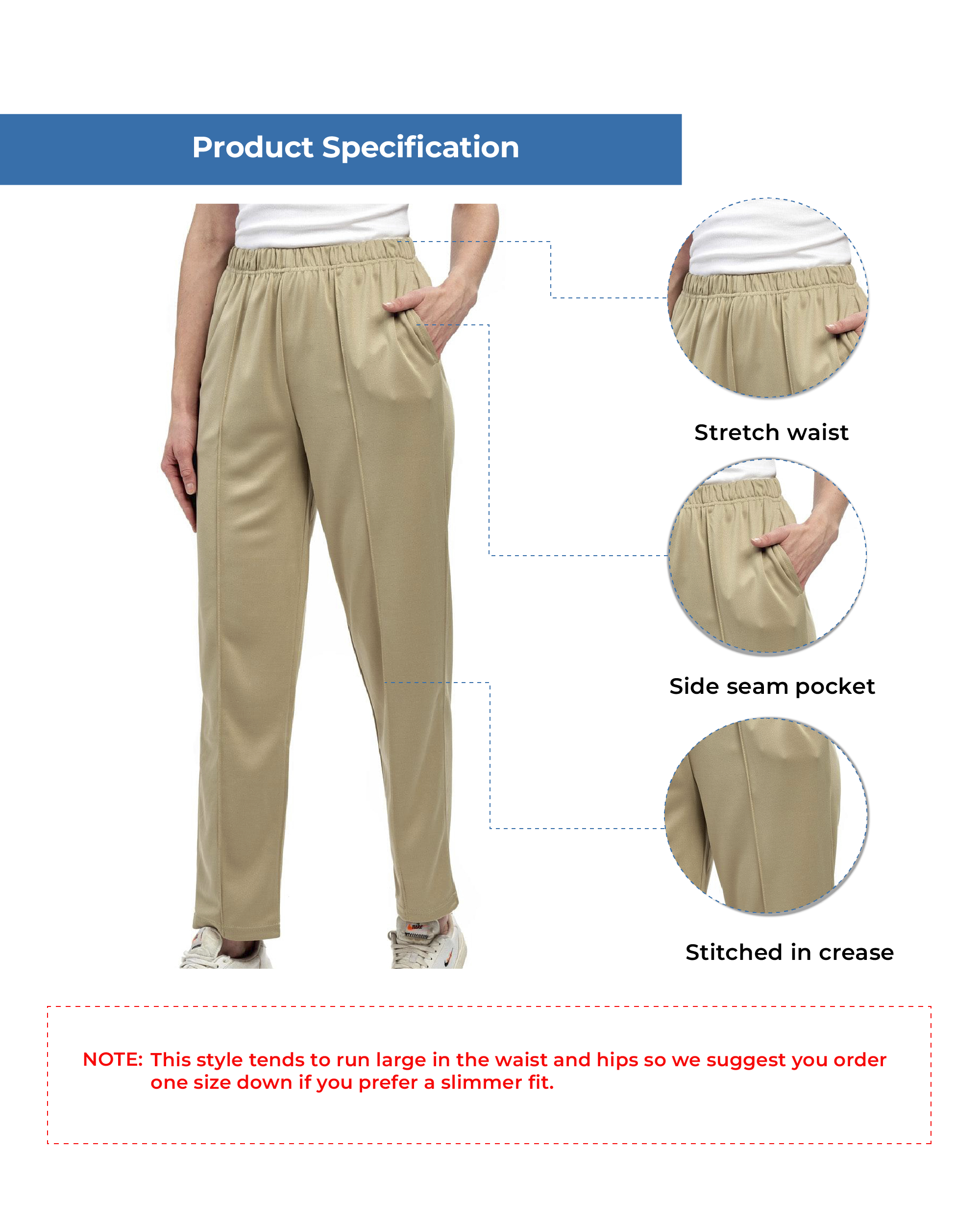 Womens Classic Poly Knit Pants - Pull On Slacks with Elastic Waist
